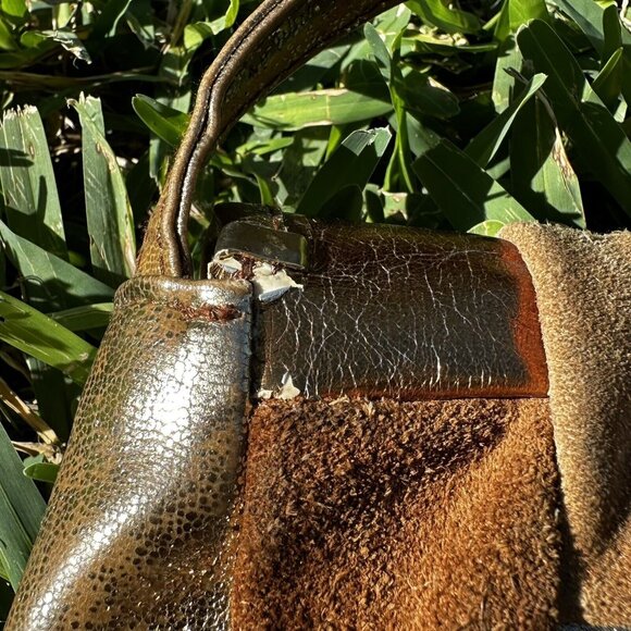 VTG 1980's Metallic Patchwork Leather Crossbody Bag Boho Purse Distressed Suede - Picture 12 of 12